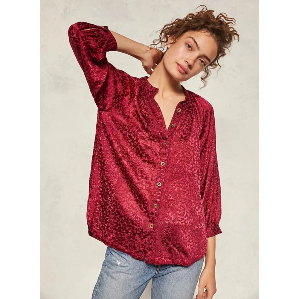 Anthropologie Burgundy Velvet Burnout Blouse Womens Extra Small Sheer Boho